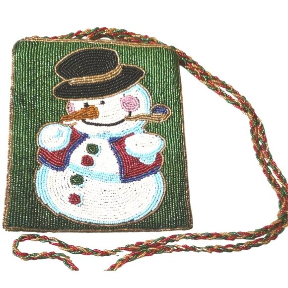 Purse Beaded Snowman Shoulder Bag Christmas Winter Green Red C. Marie 6x7" - Picture 11 of 11